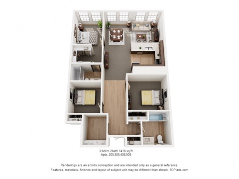 Floor plan for 3 beds, 2 baths, 1418 sqft